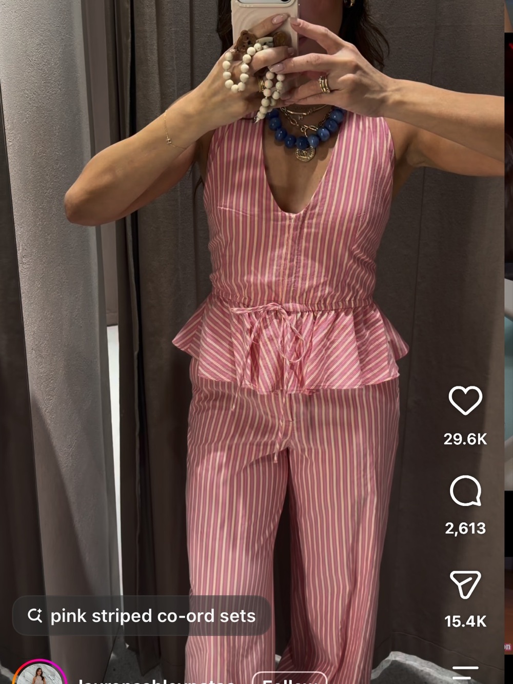 Zara Pink Striped Women's Coord Set with Peplum Waist - Picture 2 of 3